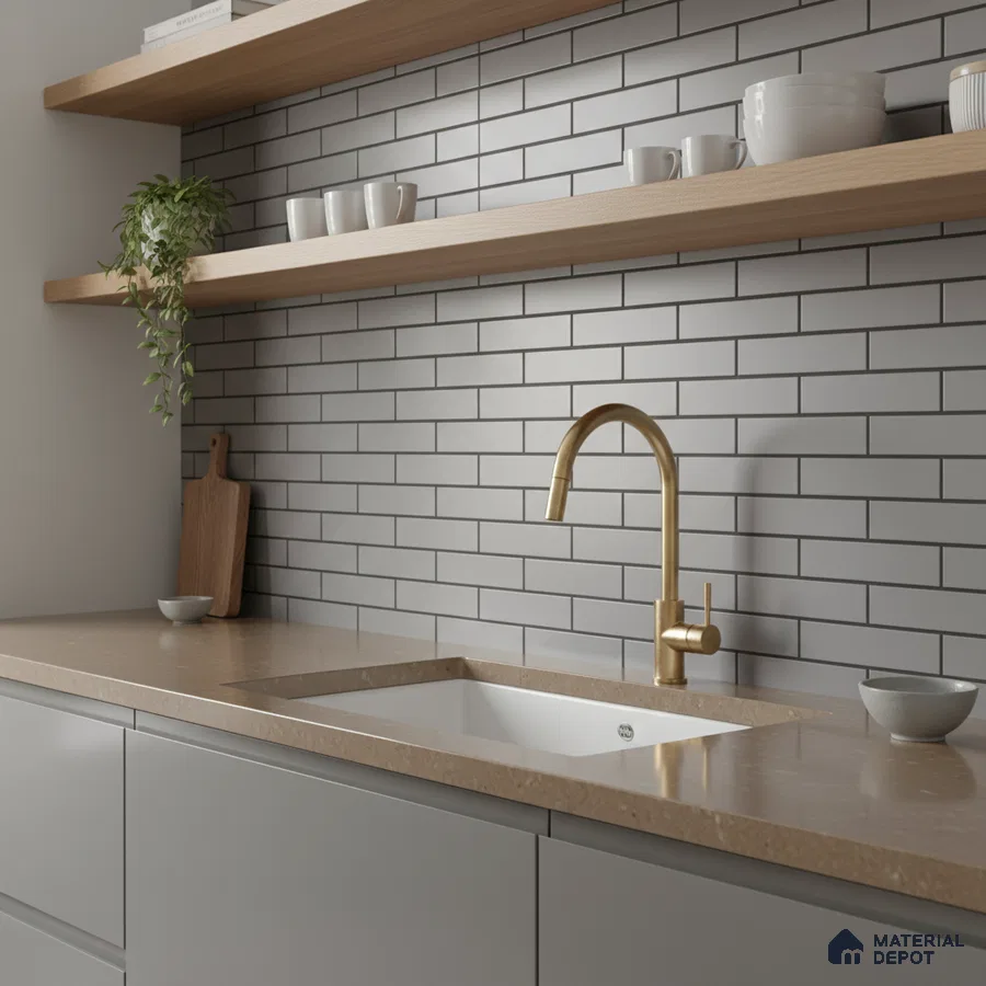 Minimalist kitchen with light grey subway tile backsplash, beige quartz countertop, and matte grey cabinets