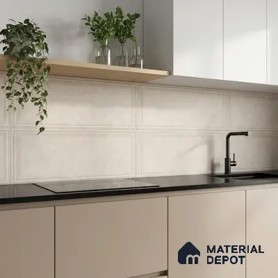 Modern kitchen with beige matte laminate cabinets, black quartz countertop, and ivory panelled wall tiles