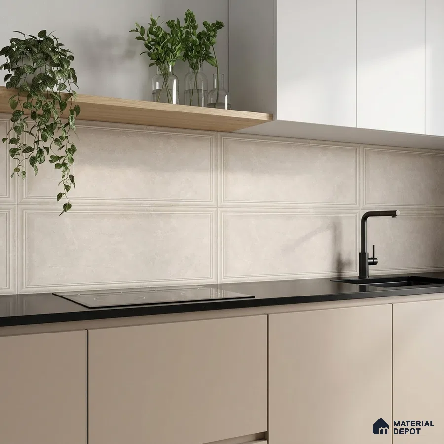 Modern kitchen with beige matte laminate cabinets, black quartz countertop, and ivory panelled wall tiles