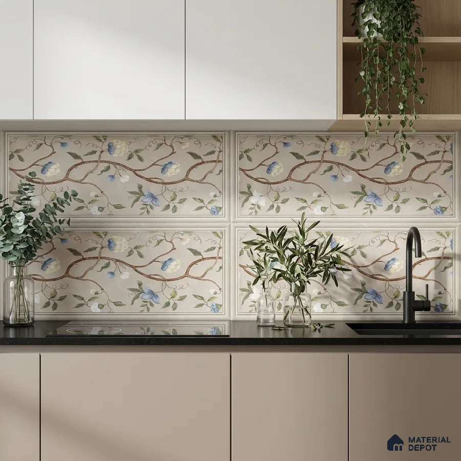 Modern kitchen with floral patterned backsplash tiles, white laminate cabinets, and black quartz countertop