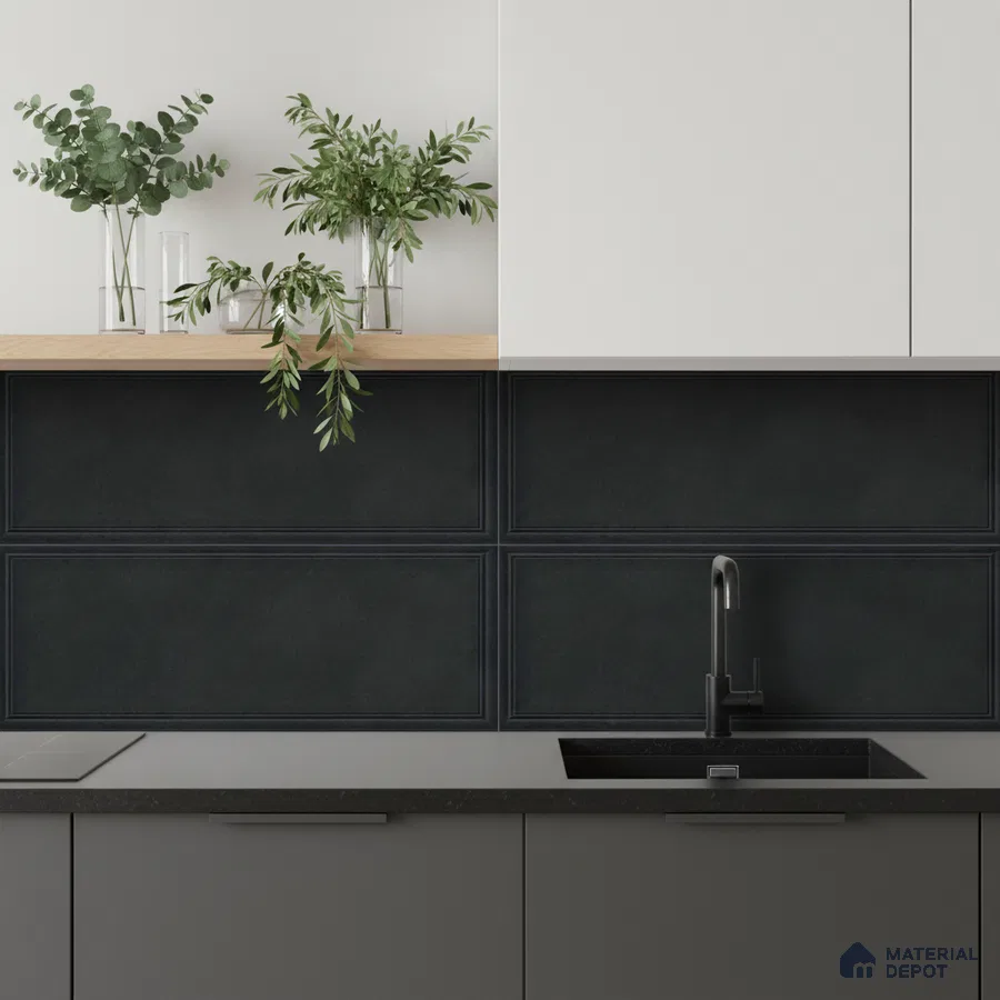 Minimalist kitchen with matte black backsplash tile, grey laminate base cabinets, and frosty white laminate wall cabinets