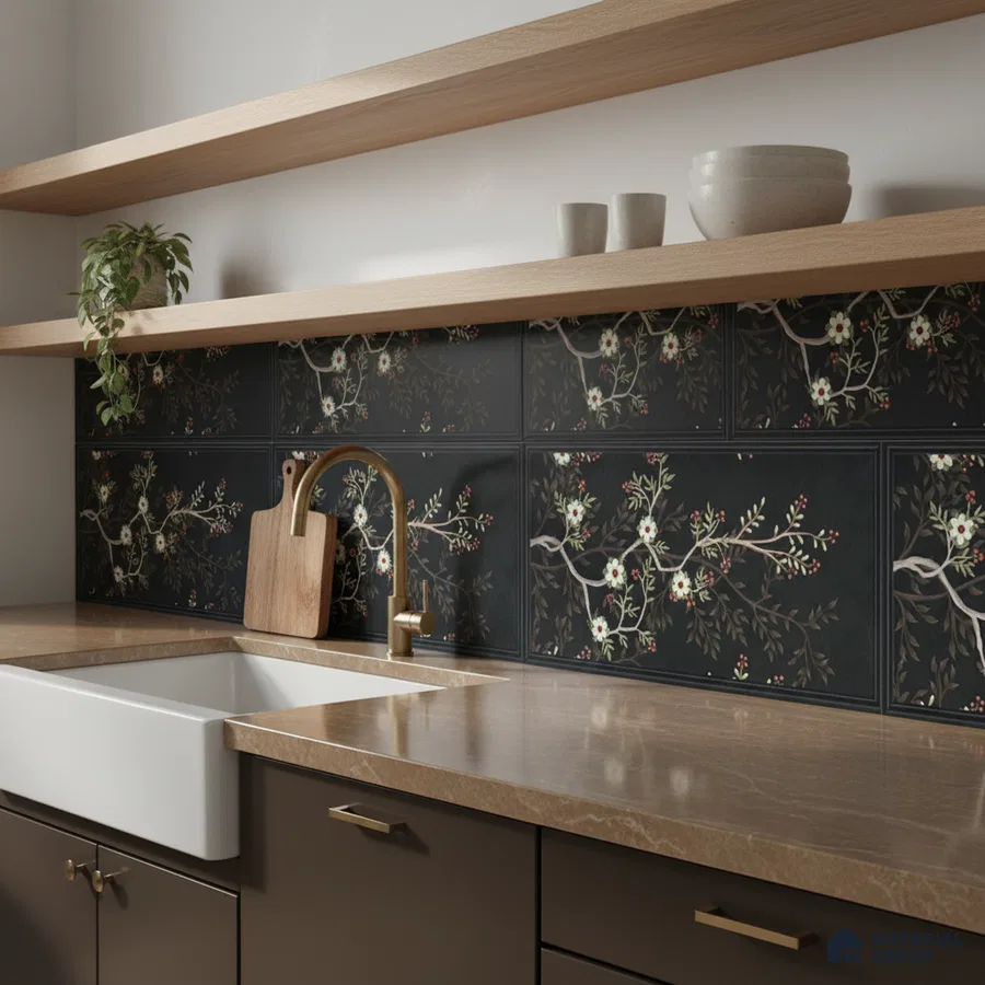 Modern kitchen with floral patterned black backsplash tile and beige marble countertop