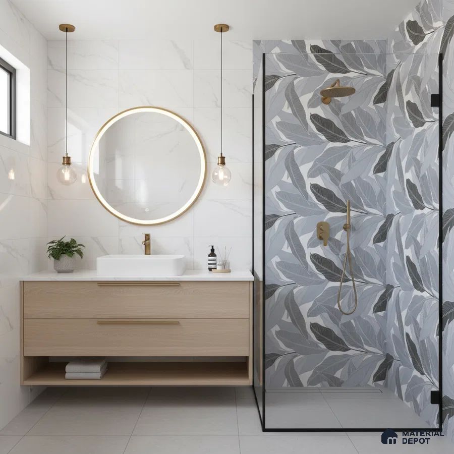 Modern bathroom with leaf-patterned highlighter wall tile, white marble-look wall tile, and light wood floating vanity