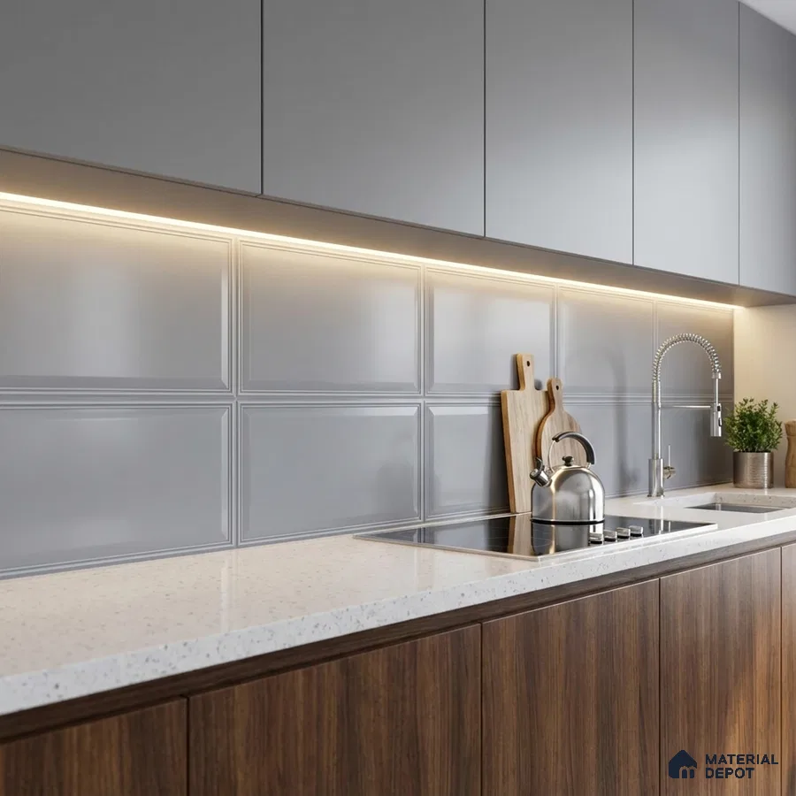 Modern kitchen with grey laminate cabinets, white quartz countertop, and walnut wood base cabinets