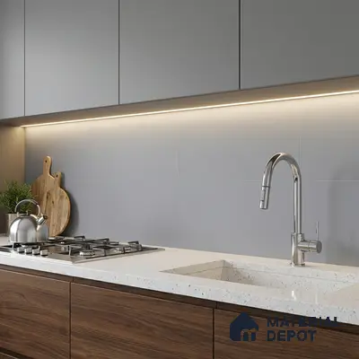 Modern kitchen with walnut wood laminate base cabinets, frosty white quartz countertop, and matte grey laminate wall cabinets