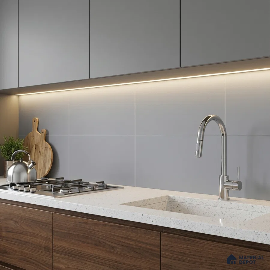 Modern kitchen with walnut wood laminate base cabinets, frosty white quartz countertop, and matte grey laminate wall cabinets