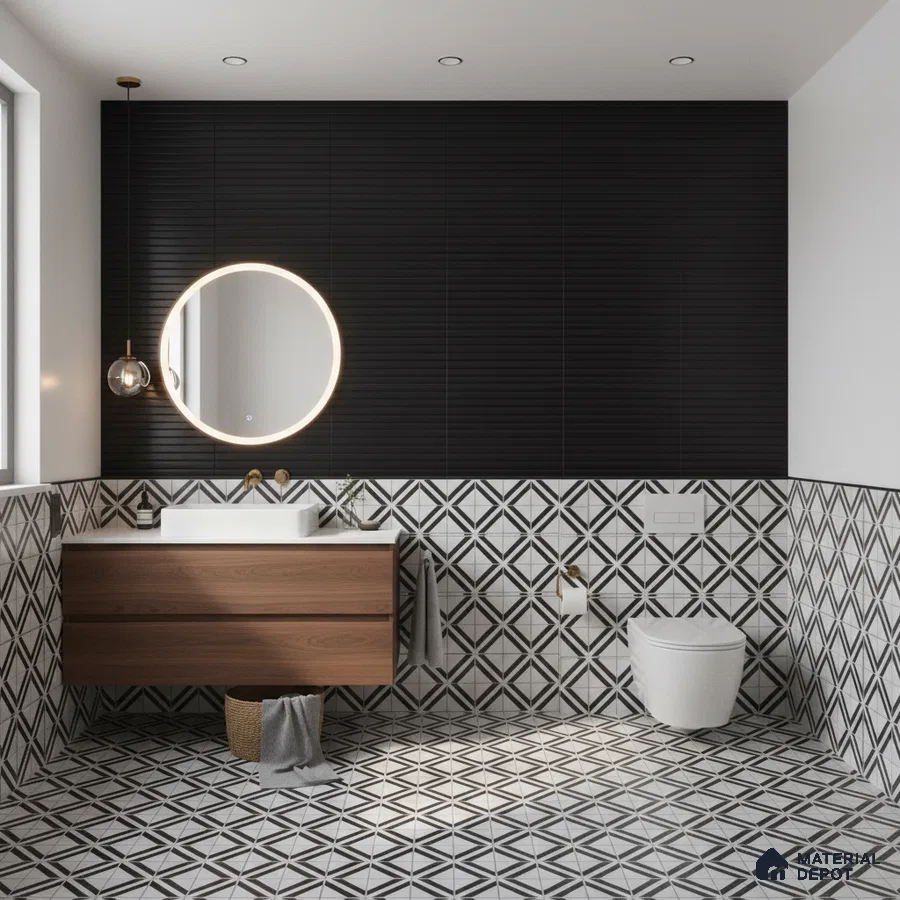 Modern bathroom with black fluted wall tiles, geometric patterned floor and wall tiles, and walnut wood vanity