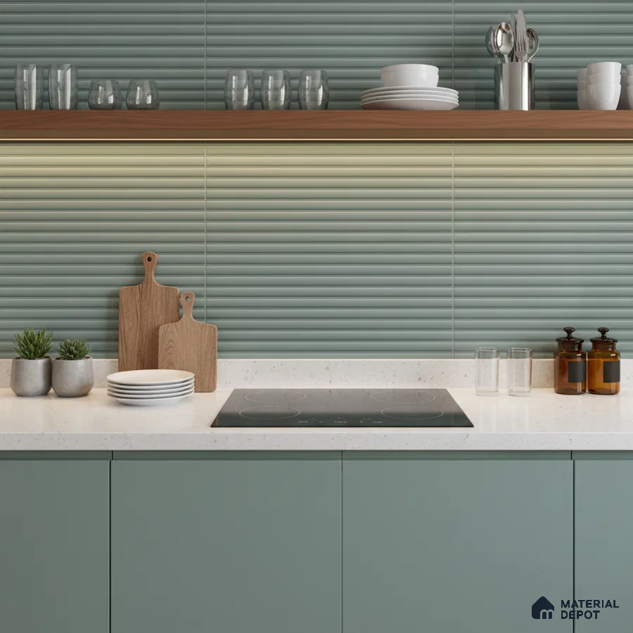 Modern kitchen with sage green fluted backsplash tile, sage green laminate cabinets, and white quartz countertop