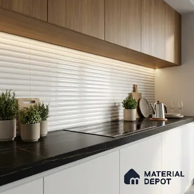 Modern kitchen with wood grain laminate cabinets, white fluted backsplash tile, and black marble countertop