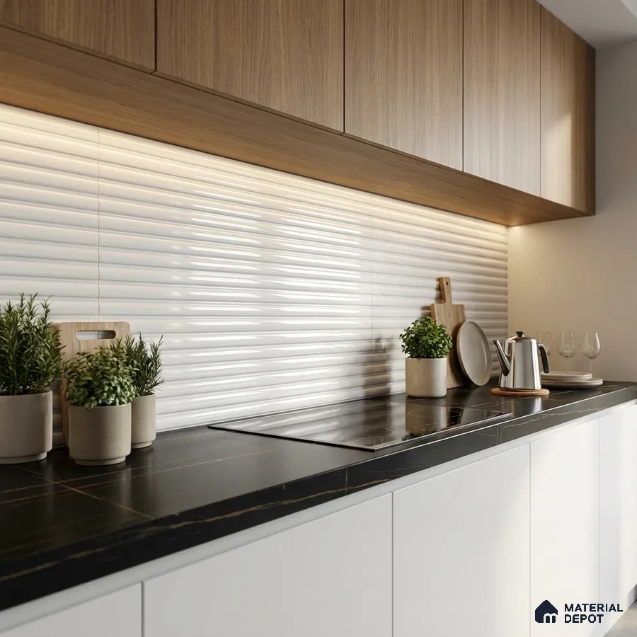Modern kitchen with wood grain laminate cabinets, white fluted backsplash tile, and black marble countertop
