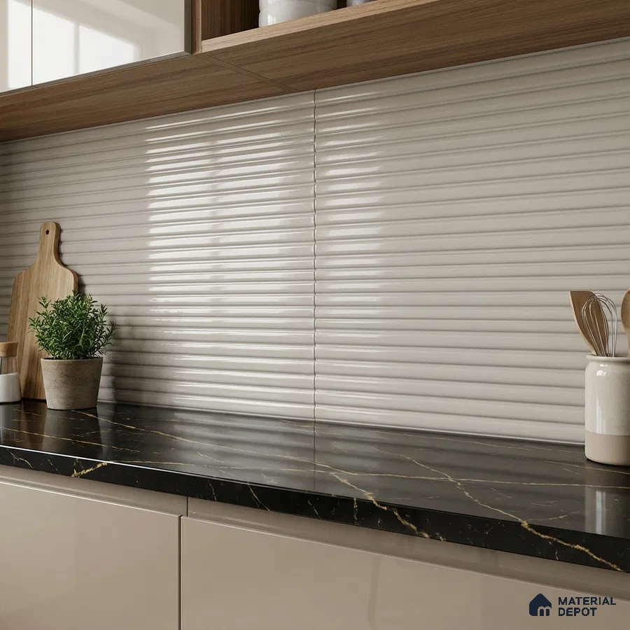 Modern kitchen with ribbed white backsplash tile and black marble countertop