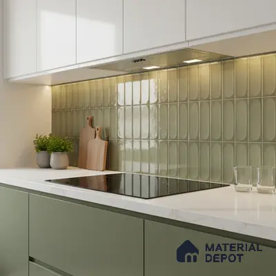 Modern kitchen with sage green laminate, white quartz countertop, and olive green elongated subway backsplash tile
