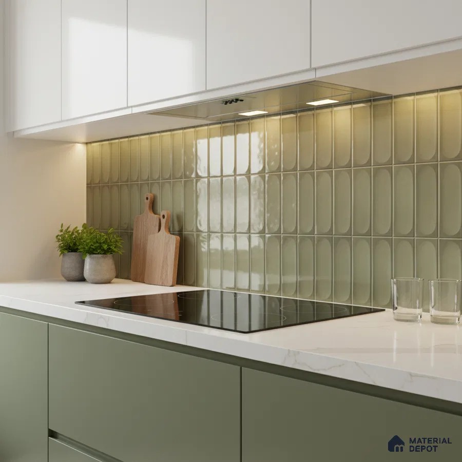 Modern kitchen with sage green laminate, white quartz countertop, and olive green elongated subway backsplash tile