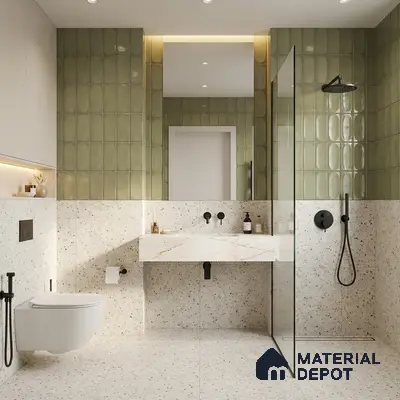 Modern bathroom with olive green subway wall tiles and terrazzo floor and wall tiles