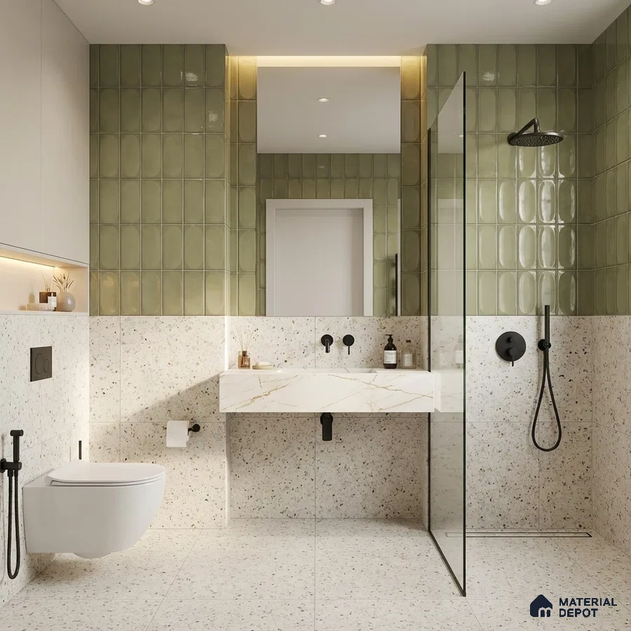 Modern bathroom with olive green subway wall tiles and terrazzo floor and wall tiles