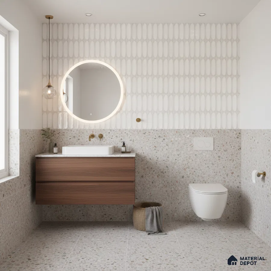 Scandinavian bathroom with terrazzo wall and floor tiles, white elongated wall tile, and walnut wood vanity