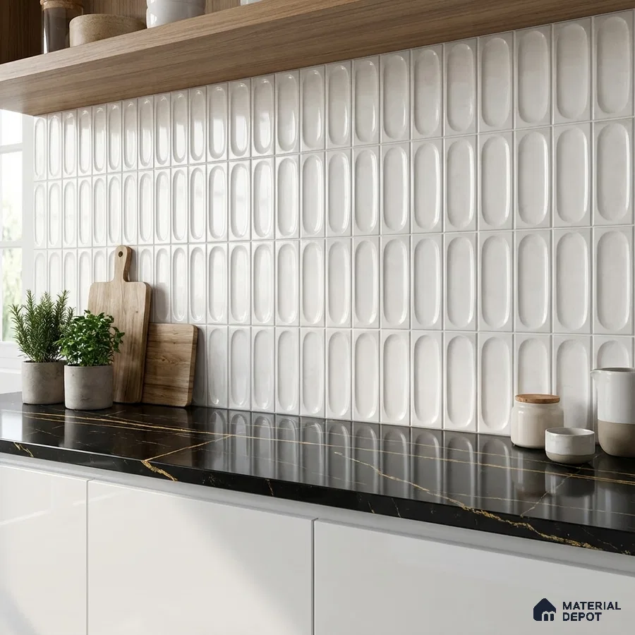Modern kitchen with white oval 3D wall tiles, black marble countertop, and white laminate cabinets