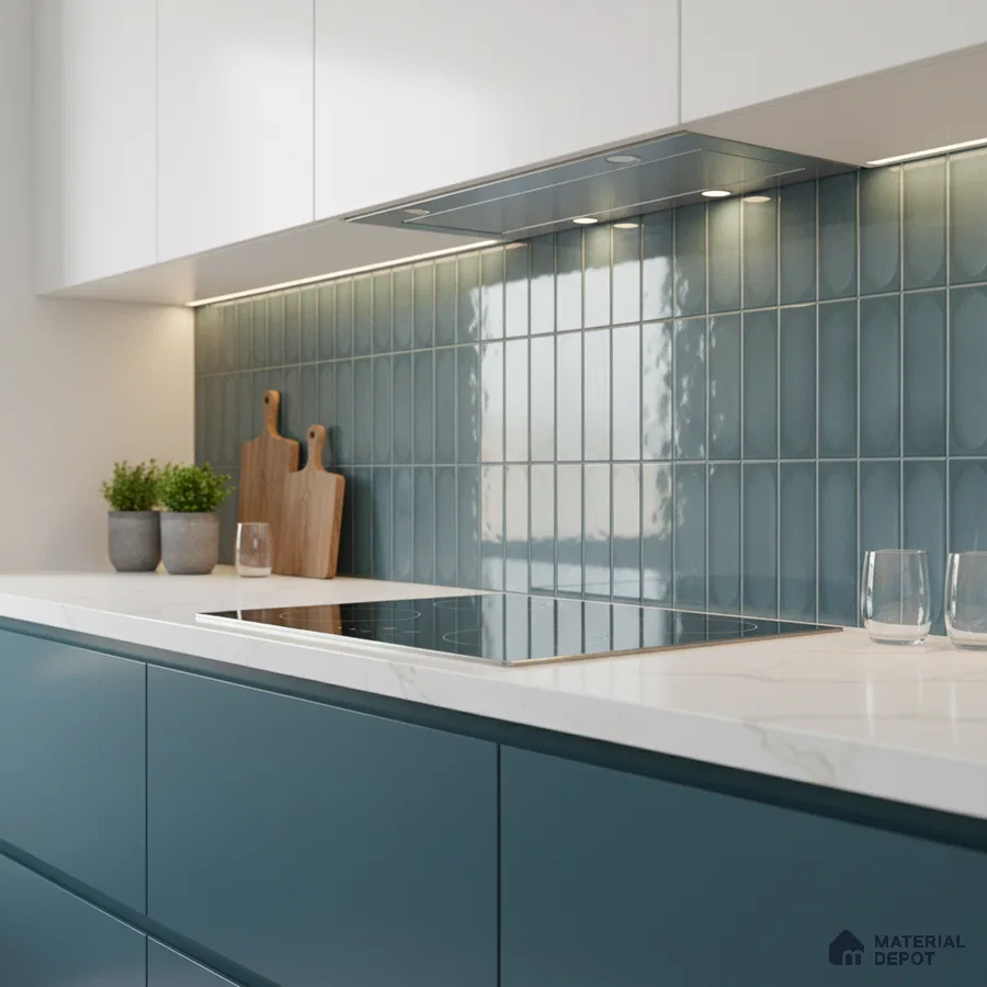 Modern kitchen with teal blue laminate cabinets, white marble-look quartz countertop, and glossy teal vertical subway backsplash tiles