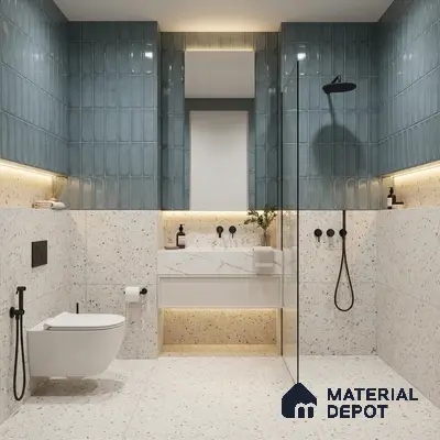 Modern bathroom with blue kitkat wall tiles and terrazzo floor and wall tiles