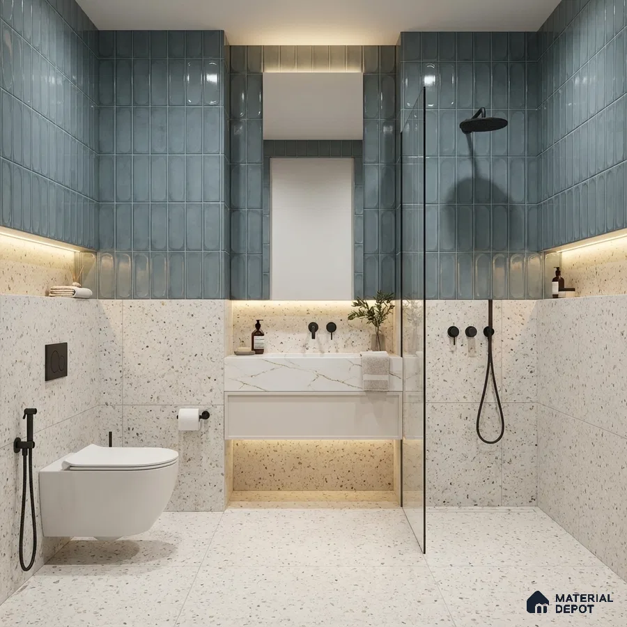 Modern bathroom with blue kitkat wall tiles and terrazzo floor and wall tiles