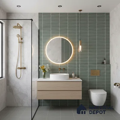 Modern bathroom with sage green kitkat wall tiles, marble wall tiles, and light wood floating vanity