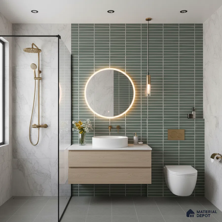 Modern bathroom with sage green kitkat wall tiles, marble wall tiles, and light wood floating vanity