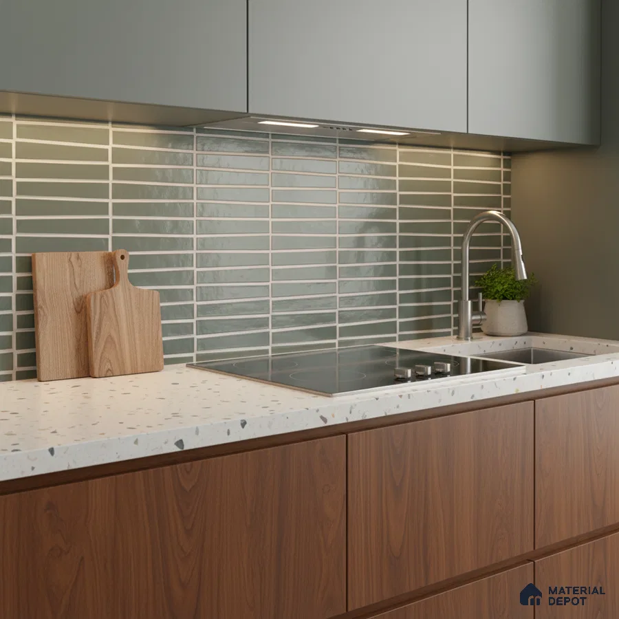 Scandinavian kitchen with sage green cabinets, terrazzo countertop, and horizontal green subway backsplash tile