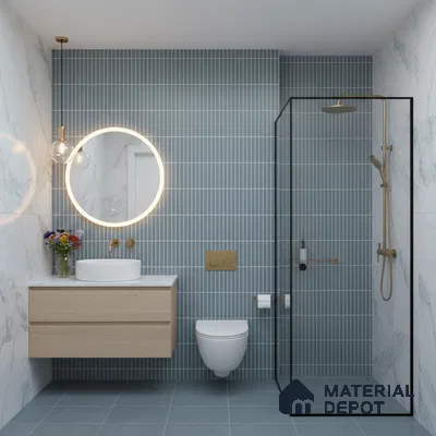 Modern bathroom with blue kitkat wall tiles, marble-look wall tiles, and floating wood vanity
