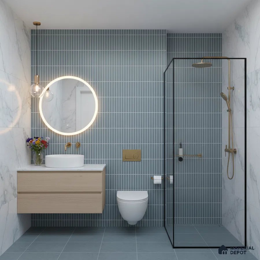Modern bathroom with blue kitkat wall tiles, marble-look wall tiles, and floating wood vanity