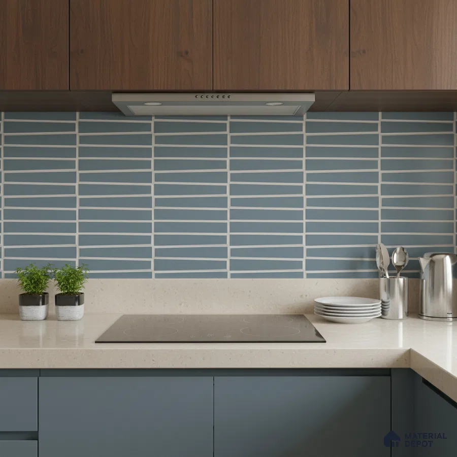 Modern kitchen with walnut laminate cabinets, blue geometric backsplash tile, and beige quartz countertop