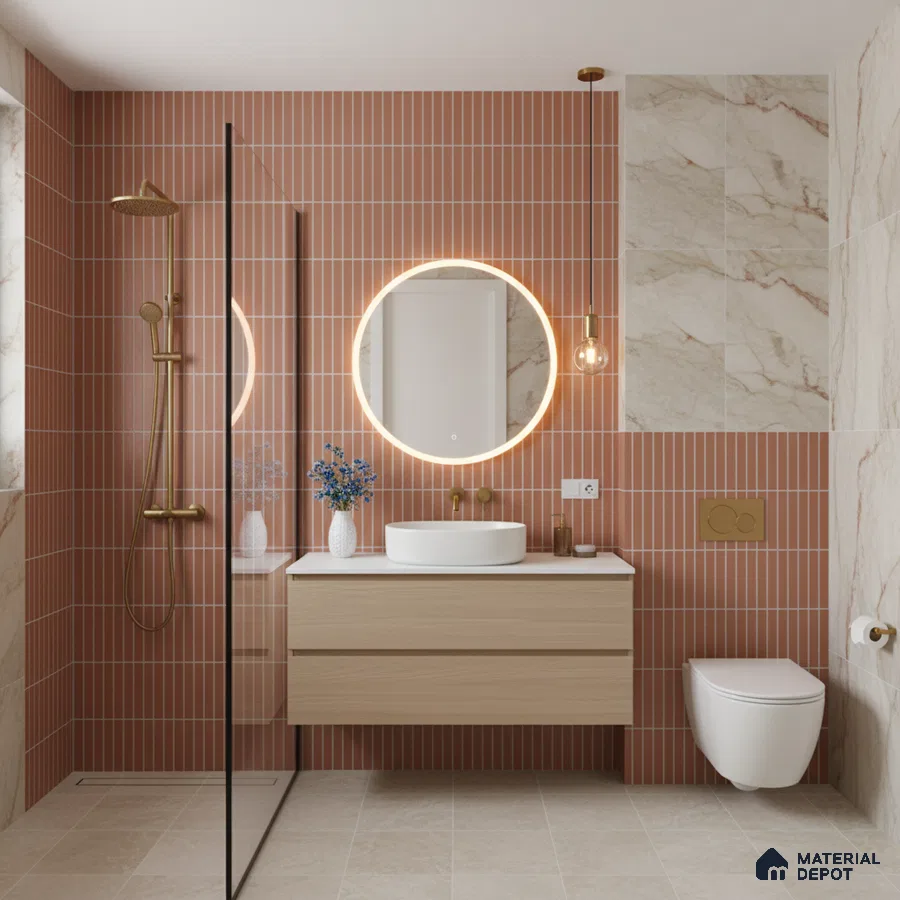 Modern bathroom with terracotta kitkat wall tiles, beige marble wall tiles, and light wood vanity