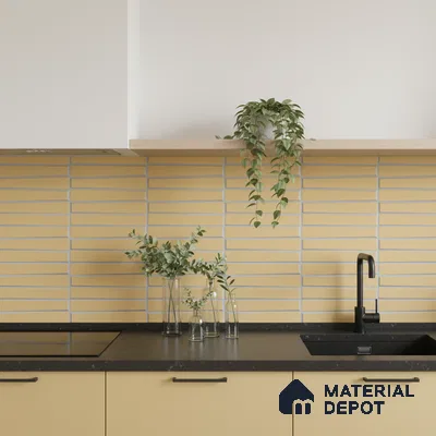 Modern kitchen with matte yellow laminate cabinets, yellow subway backsplash tile, and black quartz countertop