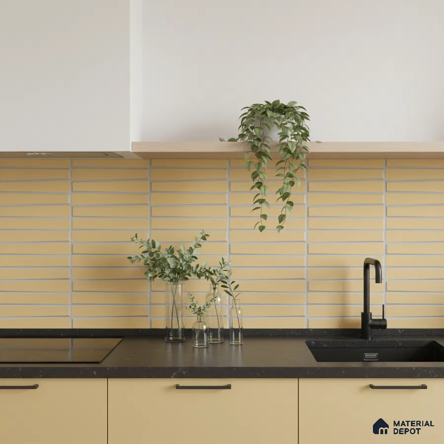 Modern kitchen with matte yellow laminate cabinets, yellow subway backsplash tile, and black quartz countertop