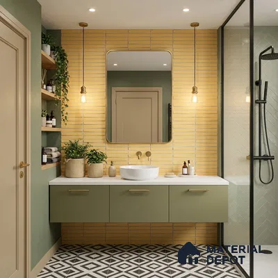 Modern bathroom with sage green vanity, yellow kitkat wall tiles, and geometric black-and-white floor tiles