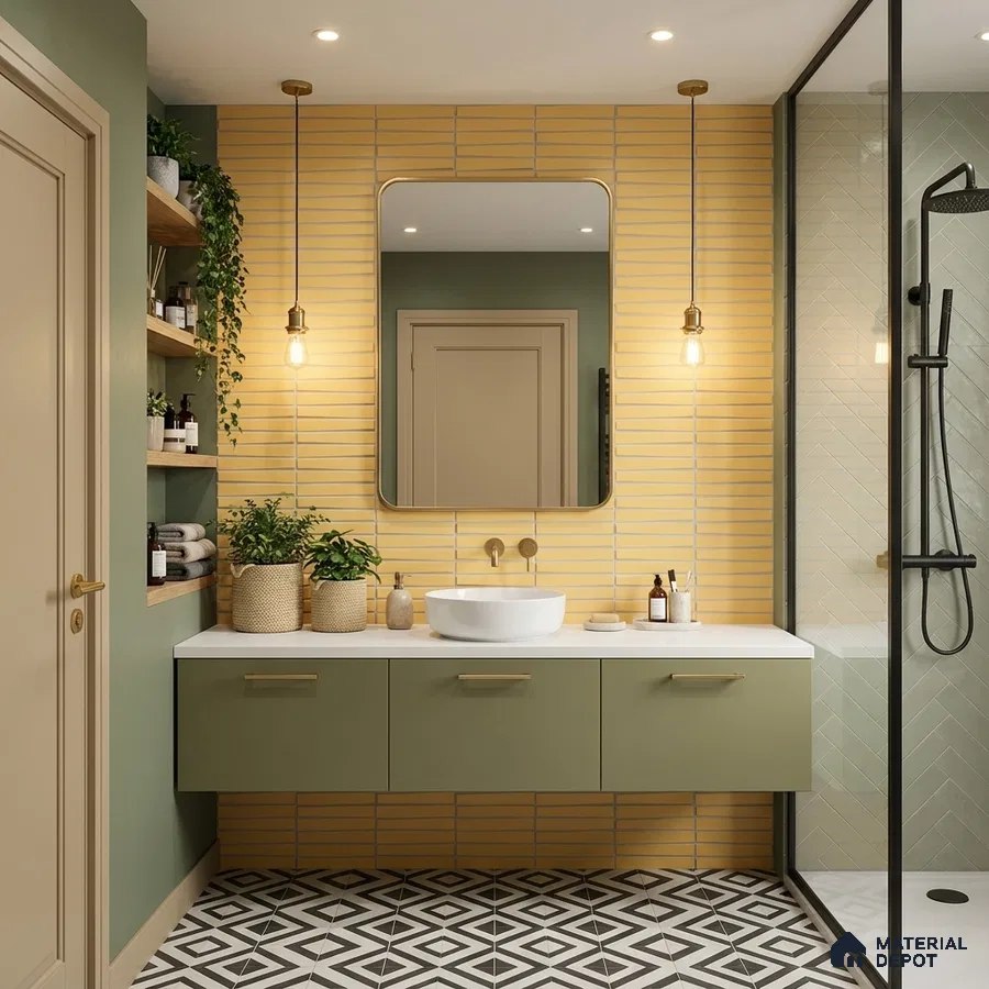 Modern bathroom with sage green vanity, yellow kitkat wall tiles, and geometric black-and-white floor tiles