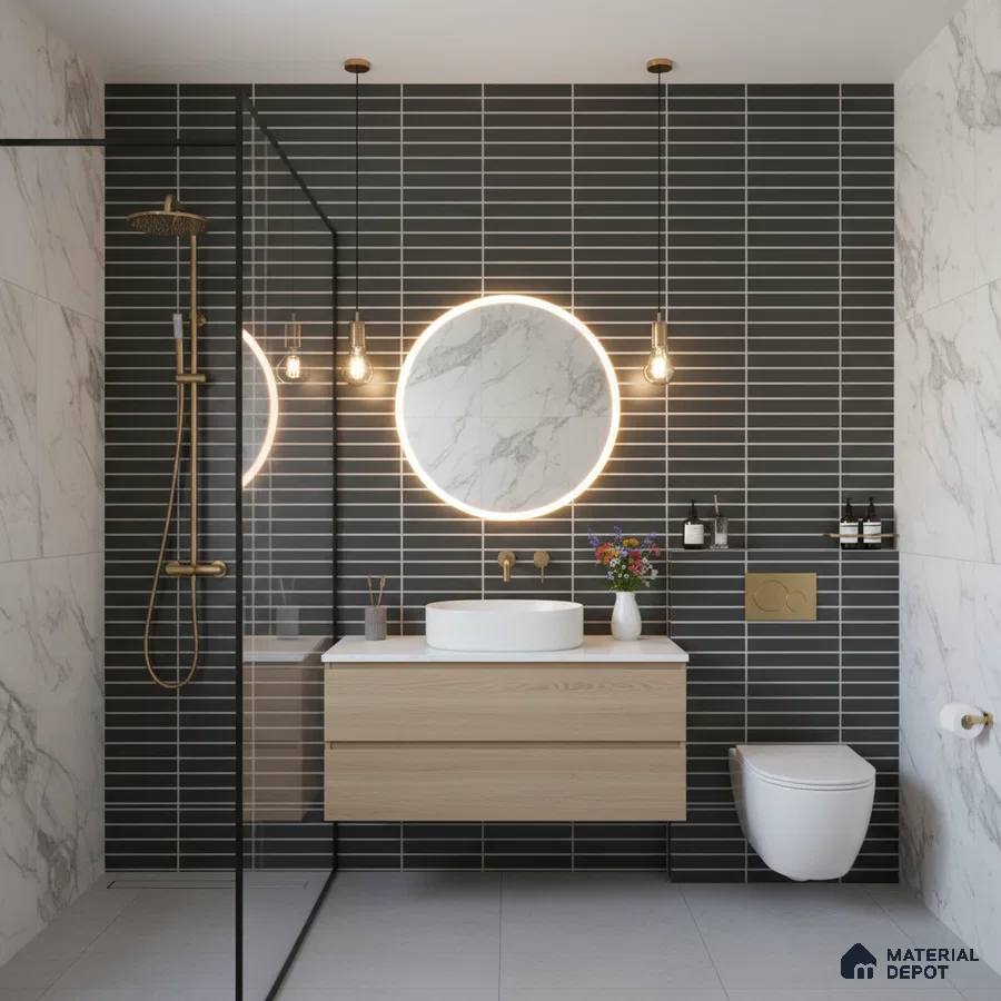 Modern bathroom with black horizontal subway wall tiles, marble-look wall tiles, and light wood floating vanity