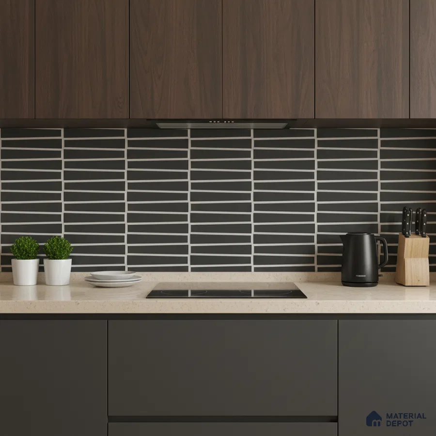 Modern kitchen with walnut wood laminate, matte black laminate, and geometric black backsplash tile