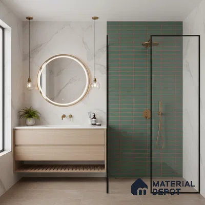 Modern bathroom with green subway wall tile, marble-look wall tile, and light wood floating vanity