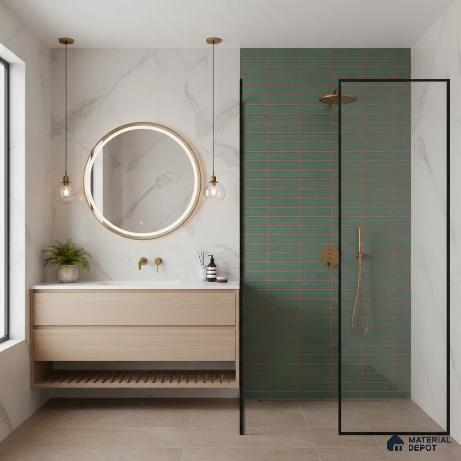 Modern bathroom with green subway wall tile, marble-look wall tile, and light wood floating vanity