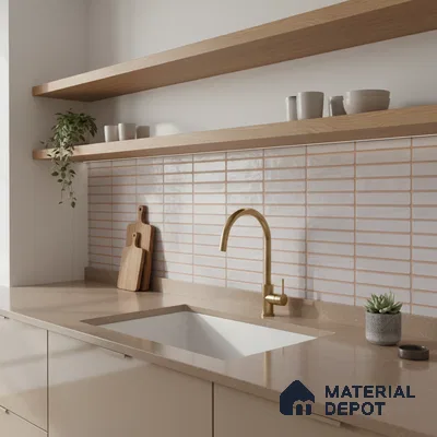 Scandinavian kitchen with beige quartz countertop, light wood open shelves, and glossy white kitkat backsplash tile
