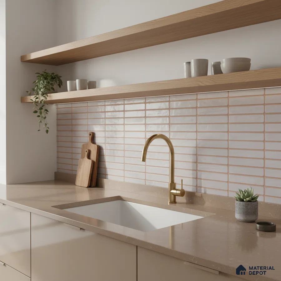 Scandinavian kitchen with beige quartz countertop, light wood open shelves, and glossy white kitkat backsplash tile