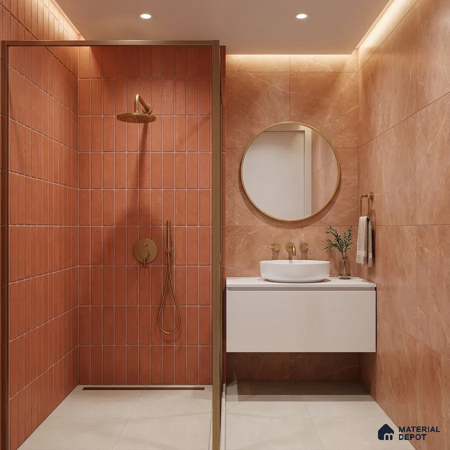 Modern bathroom with terracotta kitkat wall tiles and peach marble-look wall tiles