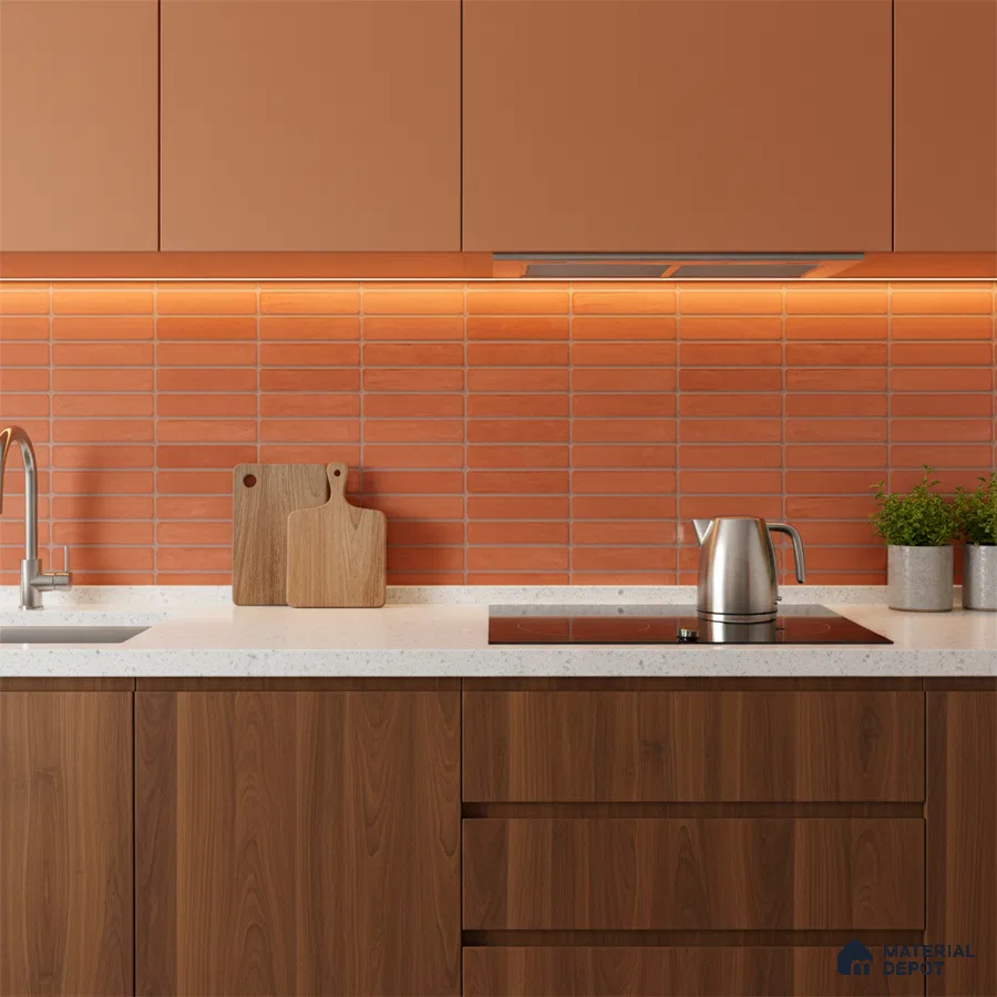 Modern kitchen with terracotta subway backsplash tile, walnut wood laminate base cabinets, and white quartz countertop