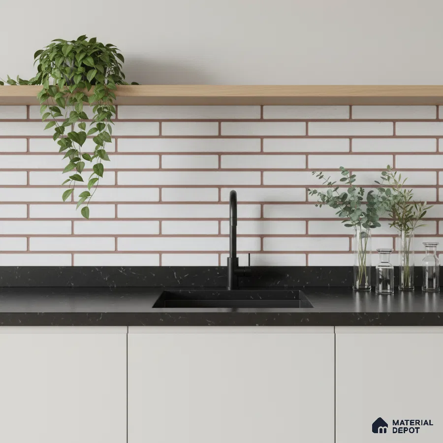 Minimalist kitchen with white brick subway tile backsplash and black marble countertop