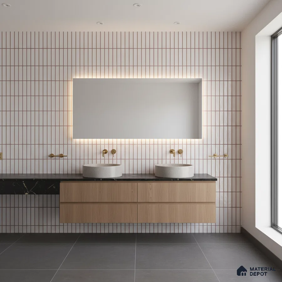 Minimalist bathroom with vertical kitkat wall tiles, black quartz countertop, and light oak vanity