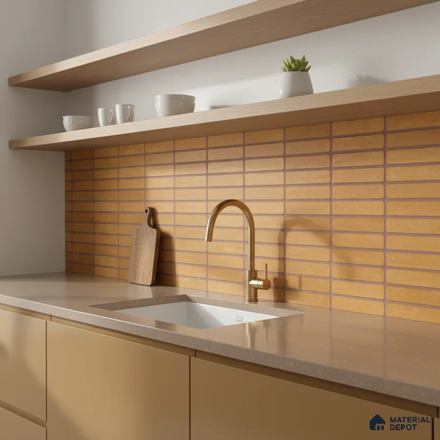 Minimalist kitchen with matte beige laminate cabinets, taupe quartz countertop, and ochre kitkat backsplash tiles