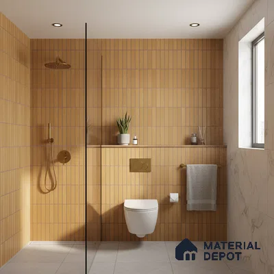 Minimalist bathroom with terracotta kitkat wall tiles and marble-look wall tiles