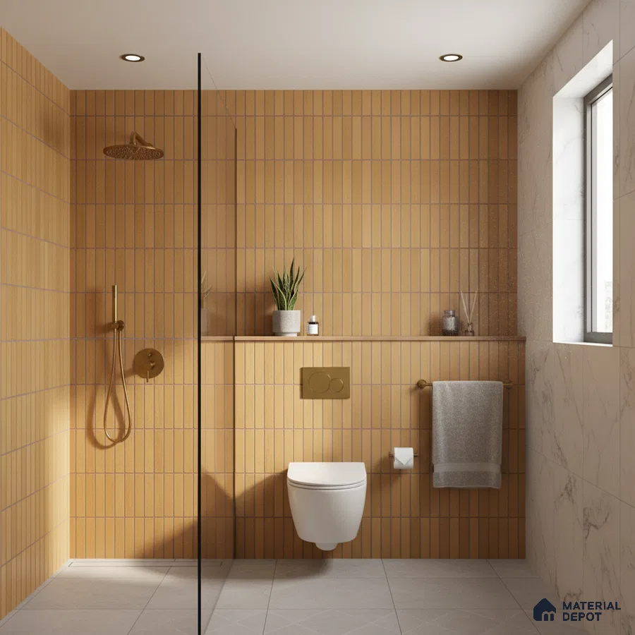 Minimalist bathroom with terracotta kitkat wall tiles and marble-look wall tiles