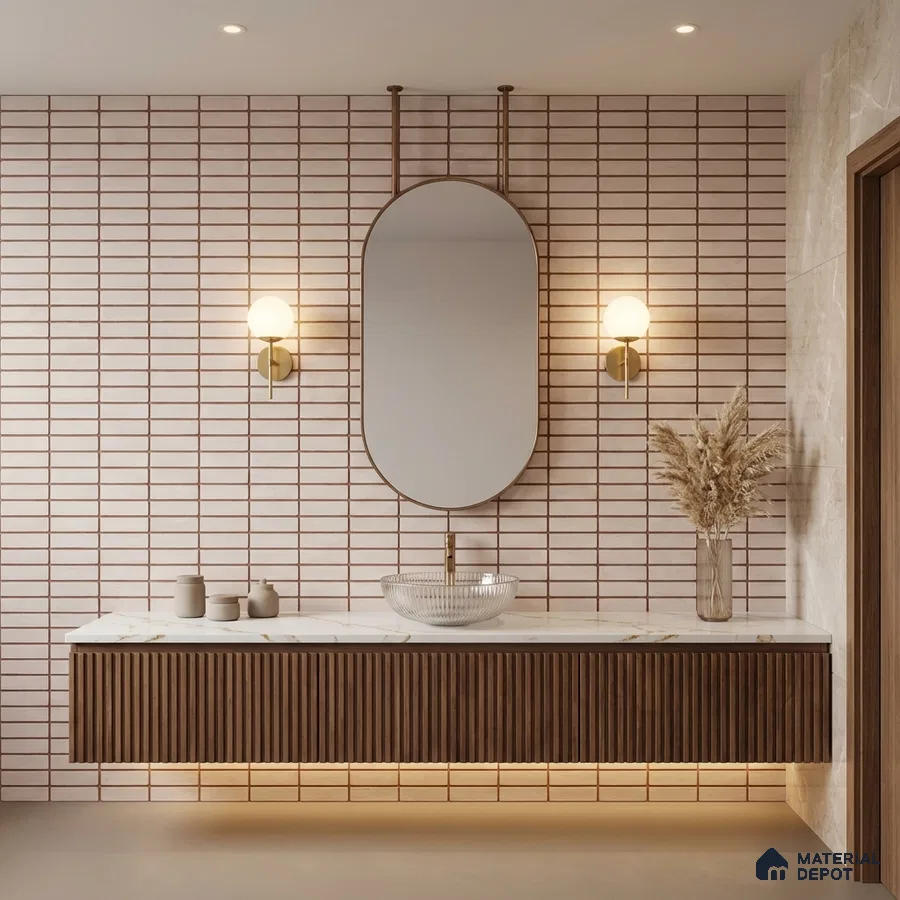 Minimalist bathroom with white kitkat wall tiles and fluted walnut vanity