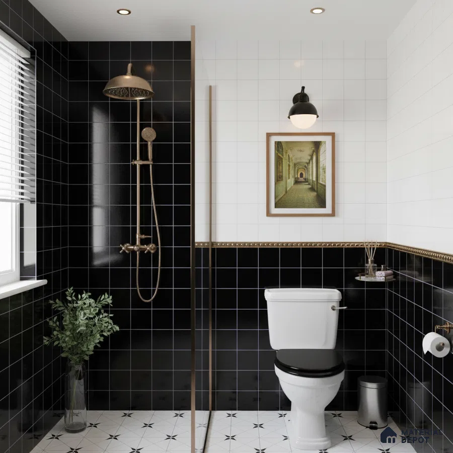 Modern kitchen with black square backsplash tiles, white terrazzo countertop, and matte black laminate cabinets